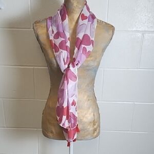 Charming Heart-Patterned Scarf in Lavendar Pink and Red 60"X11" Red Tassels